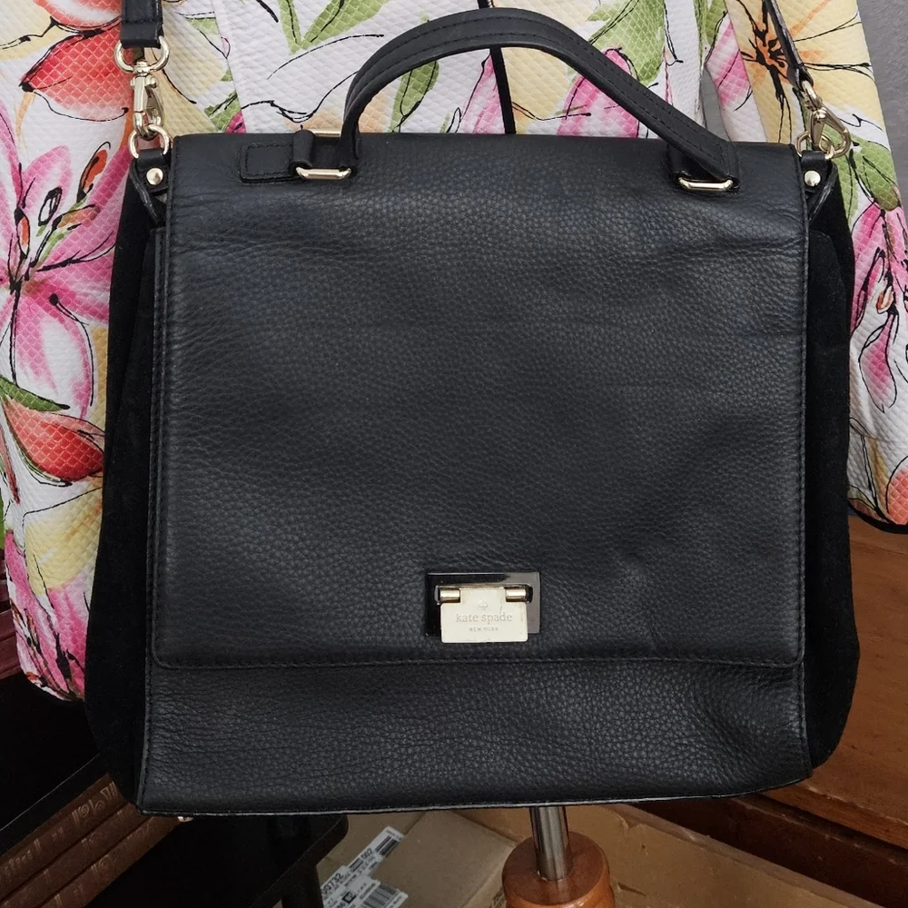 Kate Spade Black Leather And Suede Handbag Crossbody Satchel Tote